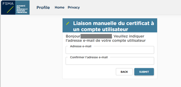 Un écran pour introduire et confirmer l'adresse e-mail