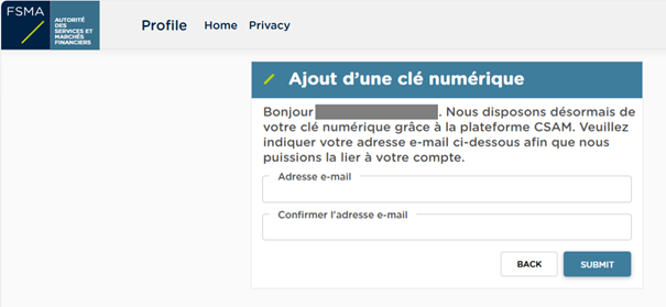 Clé numérique : un écran pour introduire et confirmer l'adresse e-mail