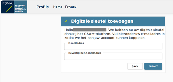 Digitale sleutel: een scherm voor invoer en bevestiging van het emailadres