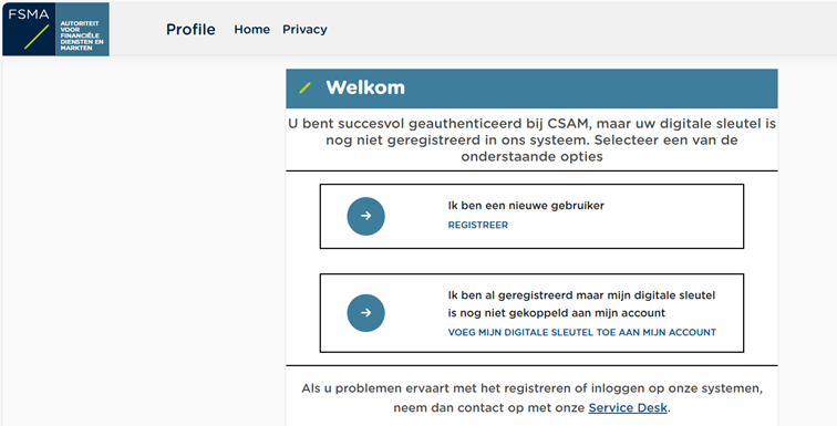 Selecteer een van de onderstaande opties; registereer of voeg mijn digitale sleutel toe aan mijn account