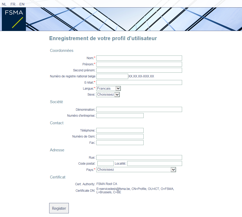 Enregistrement de votre profil d'utilisateur: coordonnées, société, ...