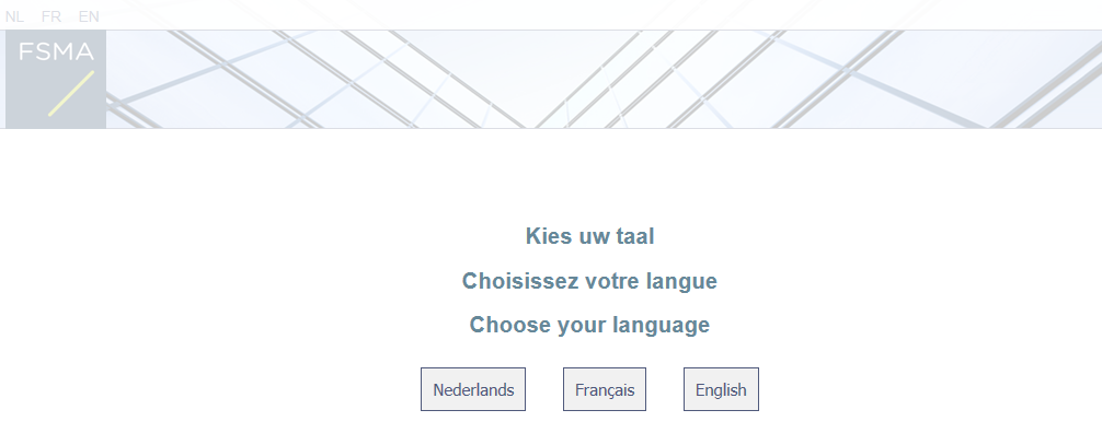 Page qui montre les options de langues : Kies uw taal, choisissez votre langue, Choose your language