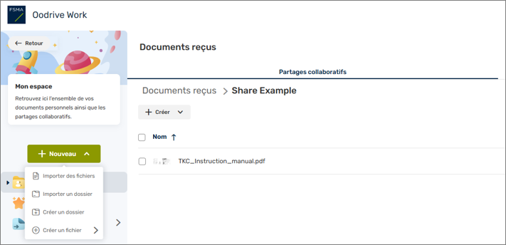 Capture d'écran Oodrive : importer des fichers