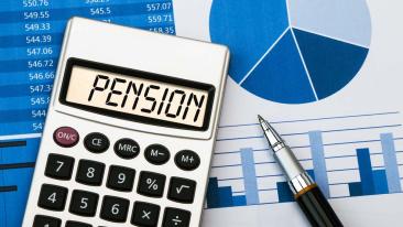 Pensions: the display of a calculator showing the word 'pension'. Next to it are coloured diagrams and tables