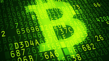Monnaies virtuelles : le symbole du Bitcoin sur fond vert avec des chiffres
