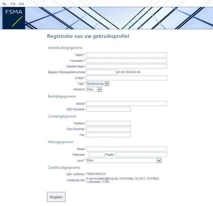 Registratie van uw gebruiksprofiel: Identificatiegegevens, bedrijfsgegevens, ....