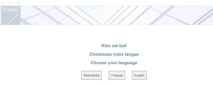 Page qui montre les options de langues : Kies uw taal, choisissez votre langue, Choose your language