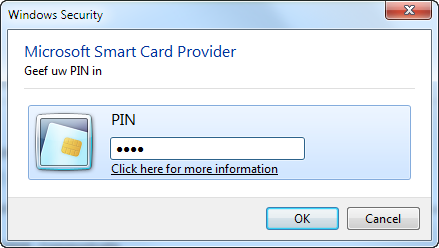 Un écran qui montre : Microsoft Smart Card Provider ou vous pouvez introduire votre code PIN