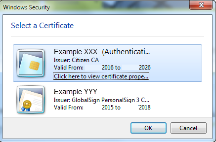 Scherm dat toont : Select a Certificate met Example XXX and YYY