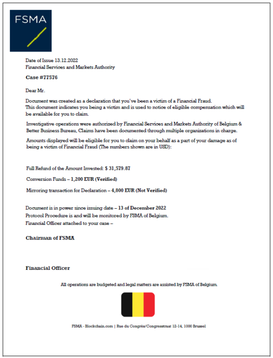 Example of letter - Fraudsters pretend to be employees of the FSMA Example of letter - Fraudsters pretend to be employees of the FSMA